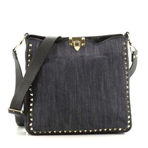 Valentino Garavani Rockstud Flip Lock Denim Messenger Bag Denim Medium